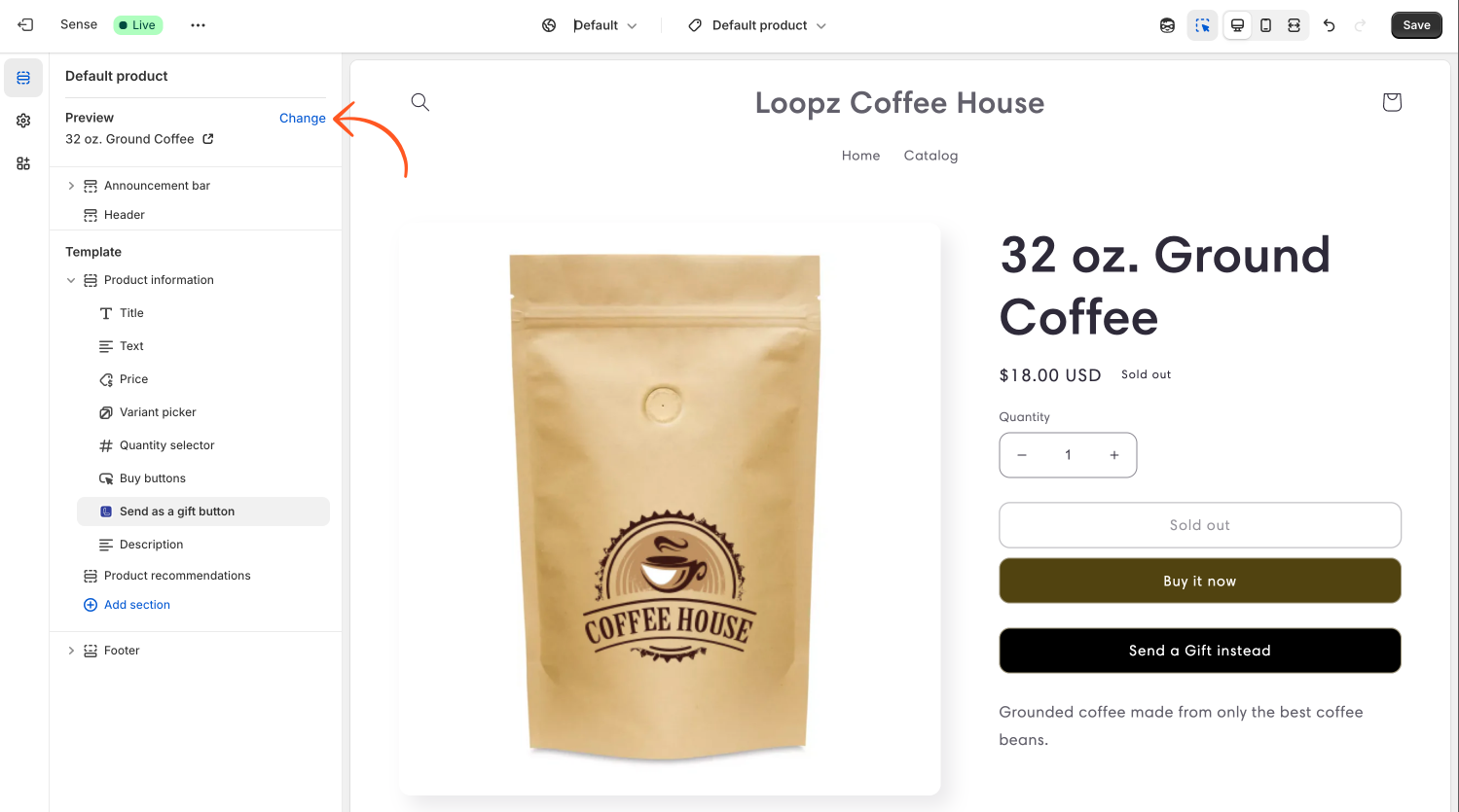 Switching to the gift card product in the theme editor