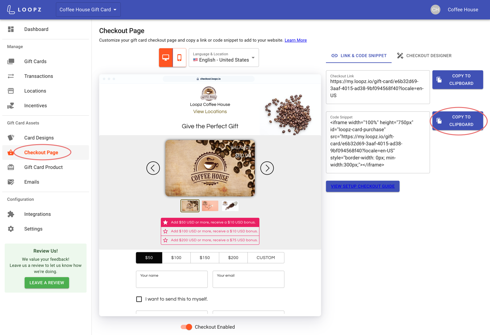 Checkout Page screen with embed link and code snippet