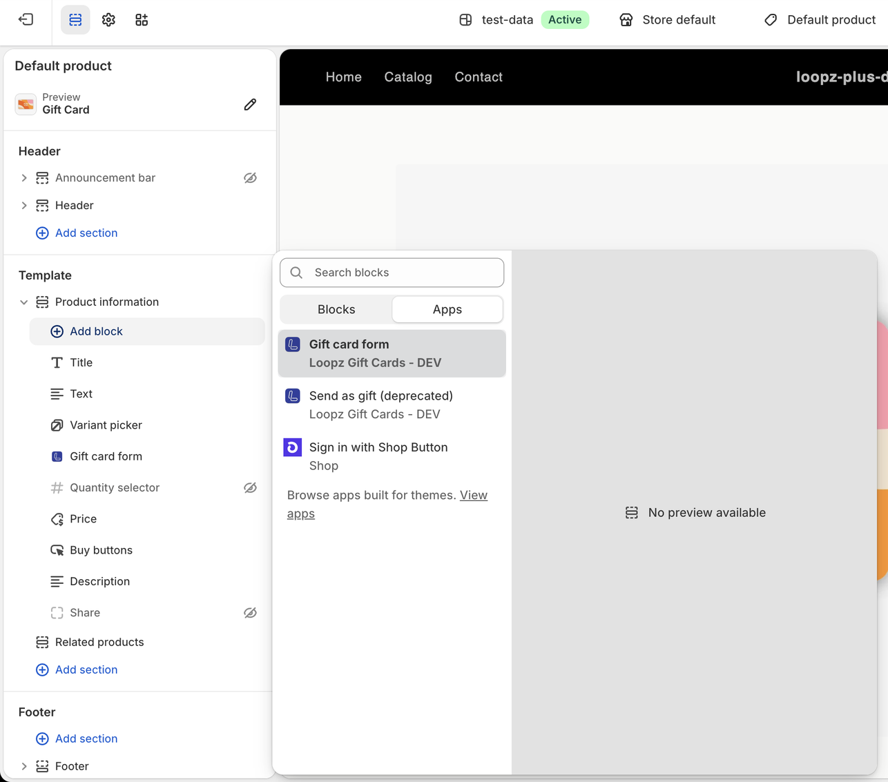 Theme editor block picker with the Gift card form block on the Apps tab
