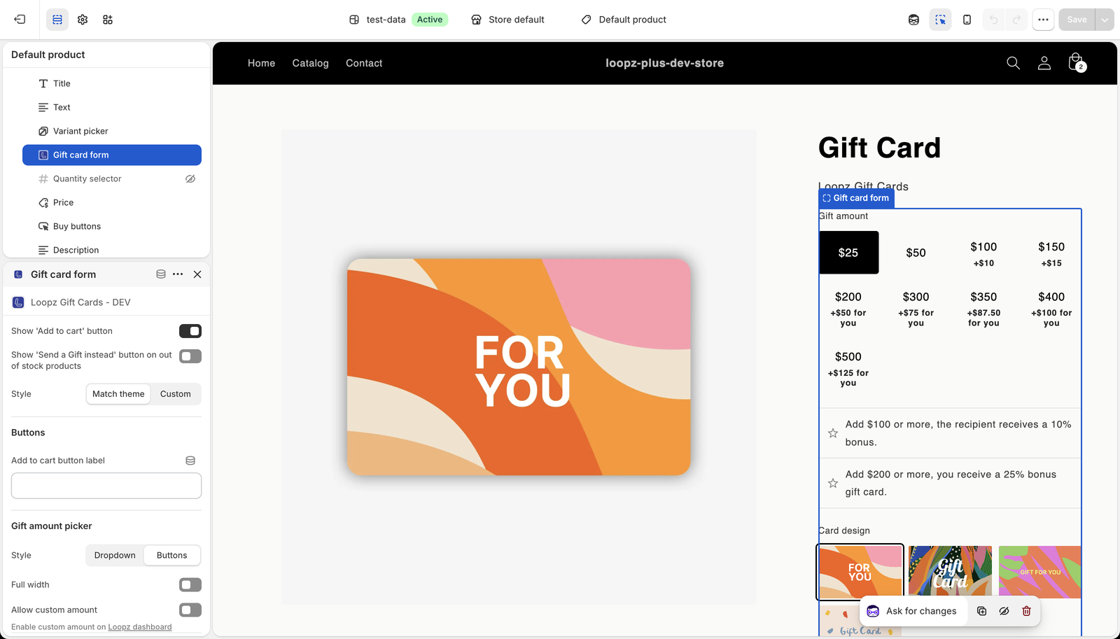 Gift card form block settings in the Shopify theme editor