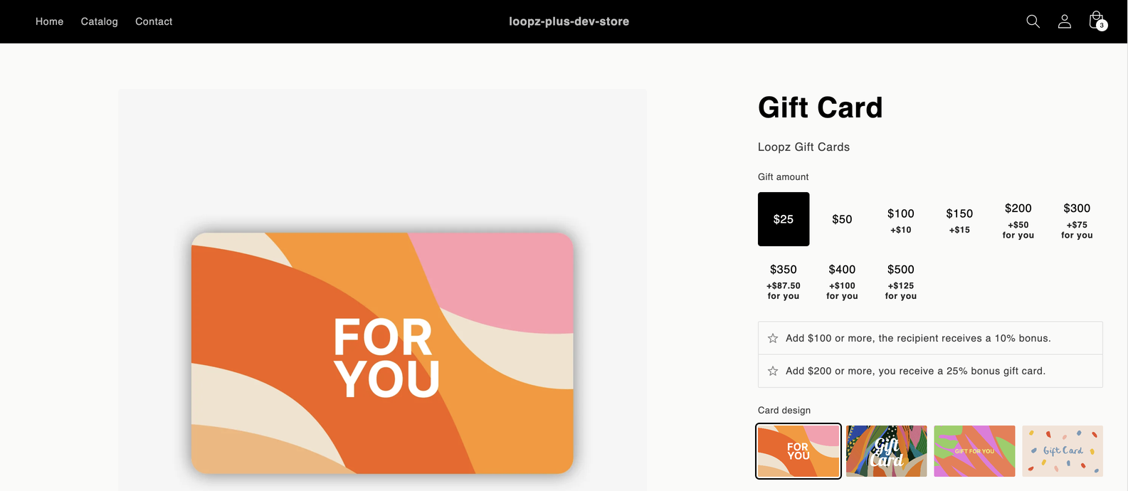 Gift card form on the gift card product page with gift amounts, incentives and card designs