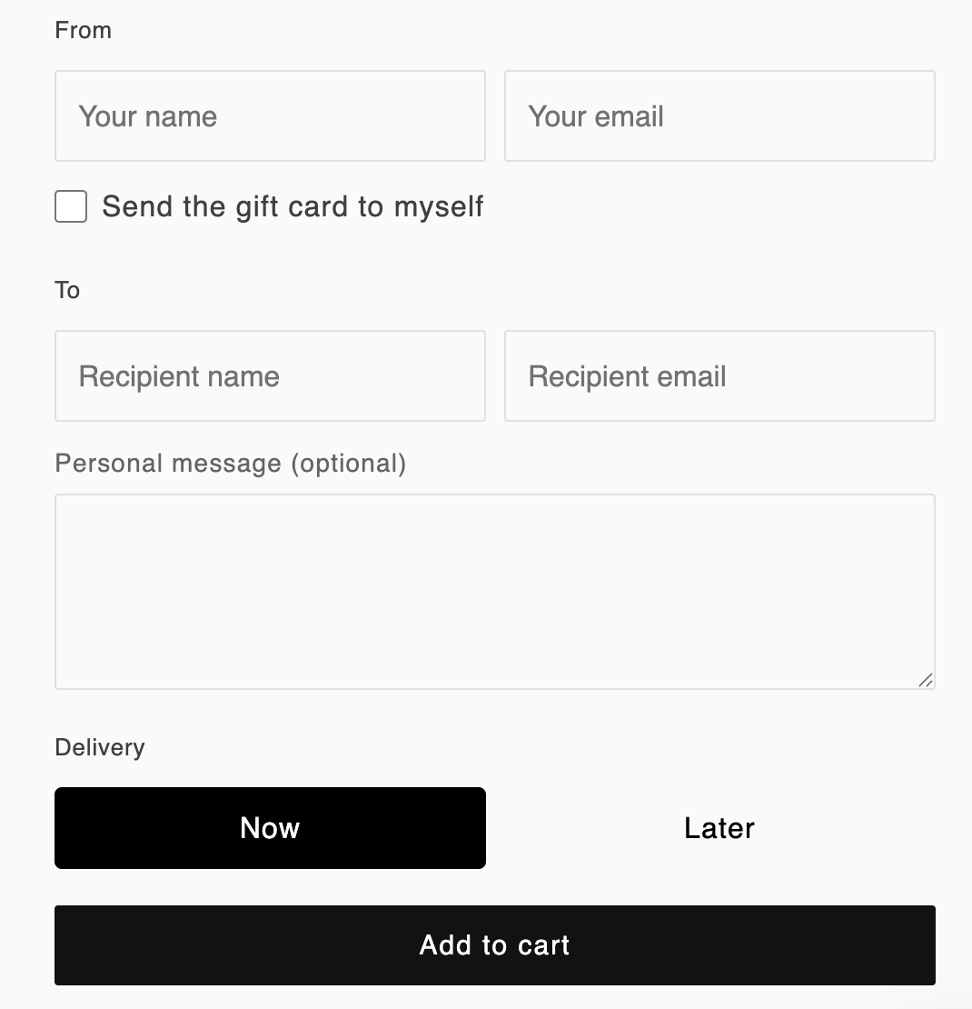 Sender, recipient, personal message and delivery fields with the Add to cart button