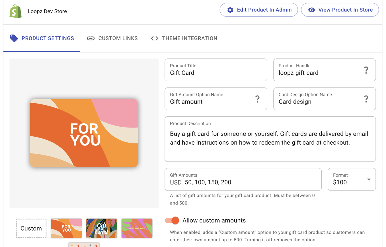 Gift Card Product screen on the Loopz dashboard with Allow custom amounts turned on